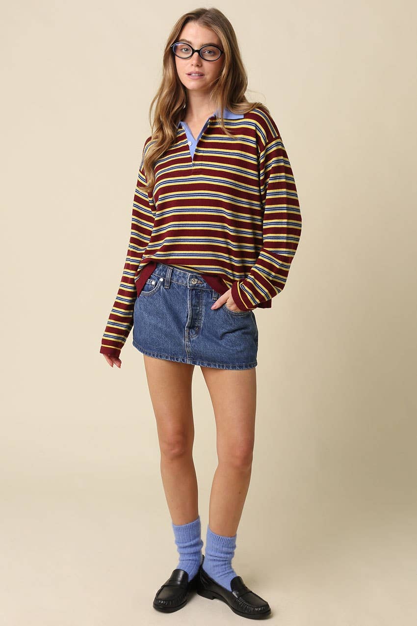 Lena Stripe Collared Knit Top - Olivaceous