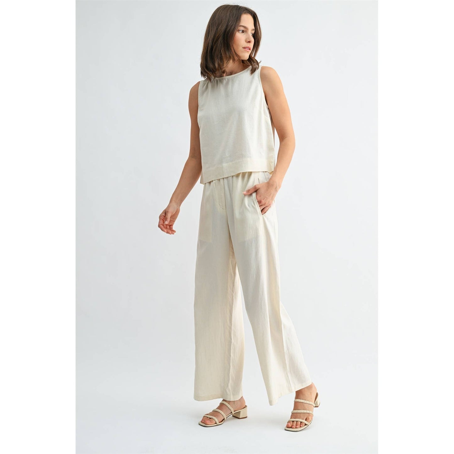 FUN2FUN - LINEN BLEND ELASTIC WAIST BUTTON FRONT PANTS