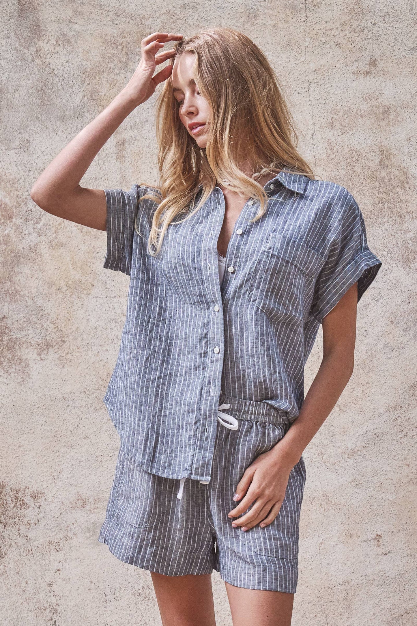 Urban Daizy - Striped Linen Short Sleeve Button-Down Shirt