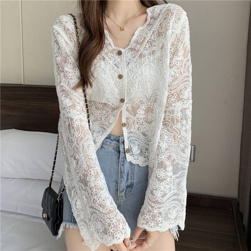 Hope & Sunshine - Crochet Cutout Long Sleeve Lace Mesh Top