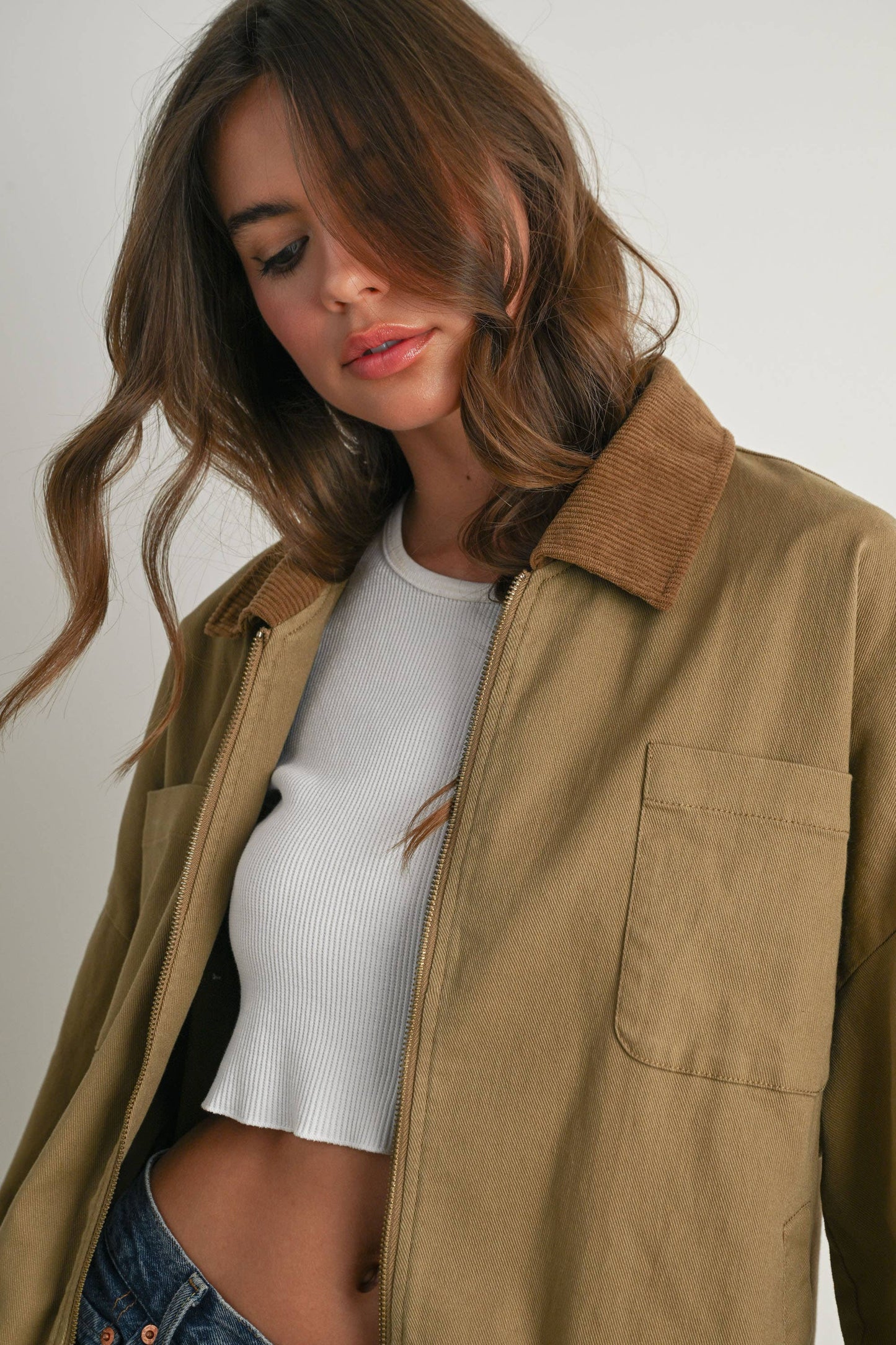 BUTTERMELON - Cord Collar Zip-Front Long Sleeve Jacket - BMJ7780