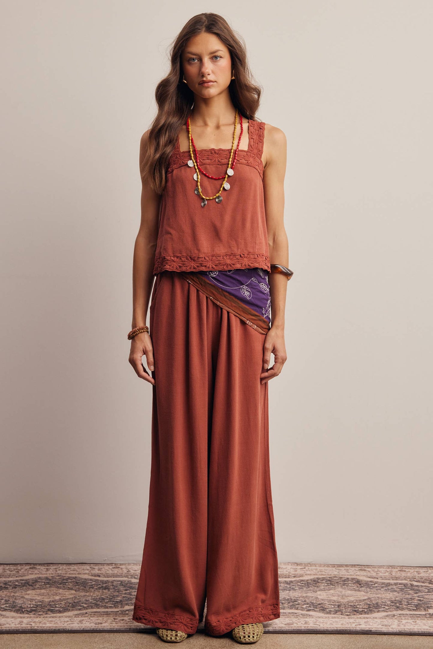 Embroidered Square-Neck Tank & Wide-Leg Pants Set FSET011