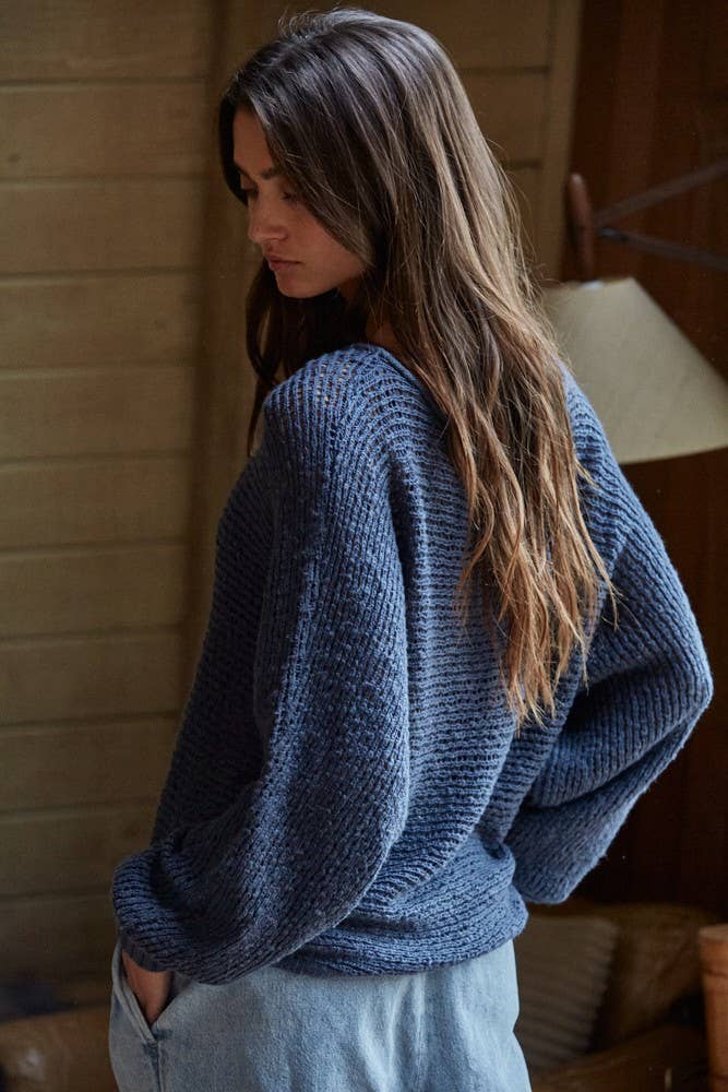 Sweater Knit Crochet Round Neck Long Sleeve Top - By Together