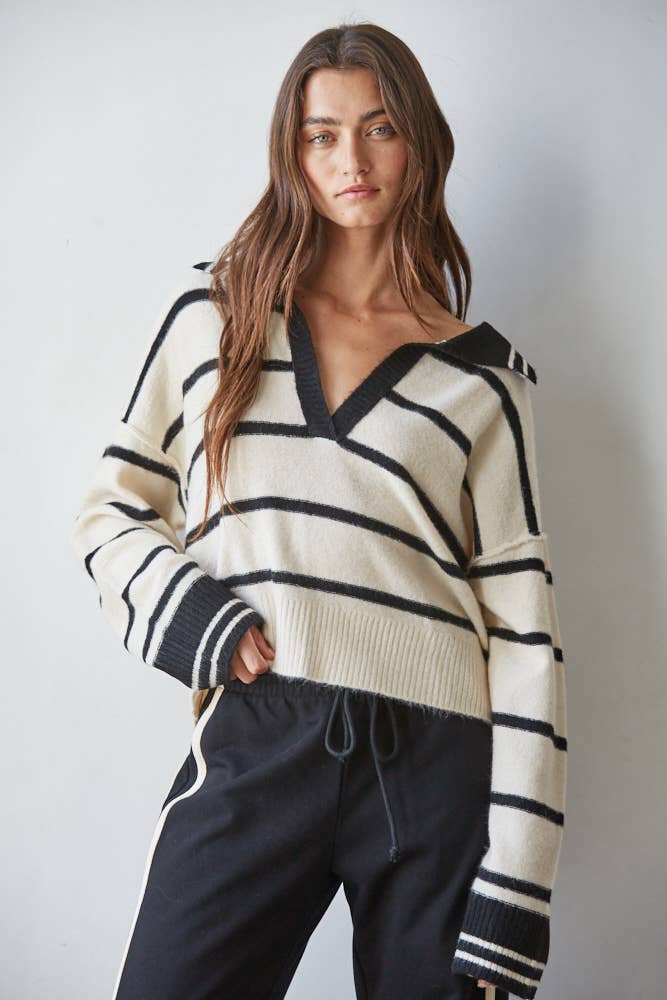 W1337 | Knit Sweater Striped Collar V-Neck Long Sleeve Top