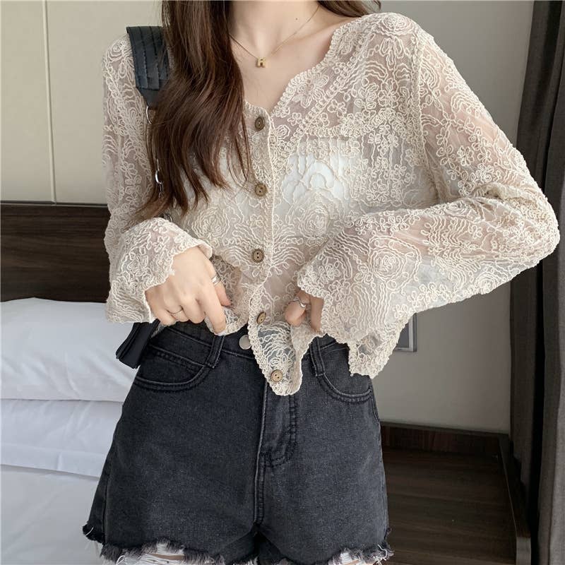 Hope & Sunshine - Crochet Cutout Long Sleeve Lace Mesh Top