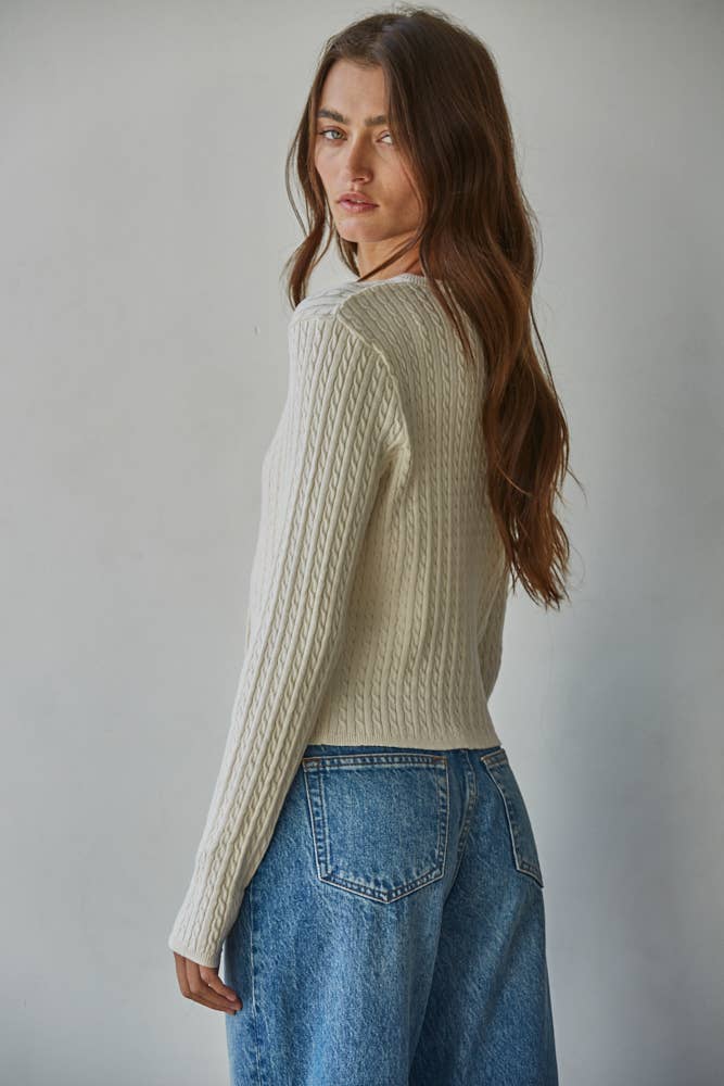 Knit Cable Sweater Cotton Button Down Cardigan Top - By Together