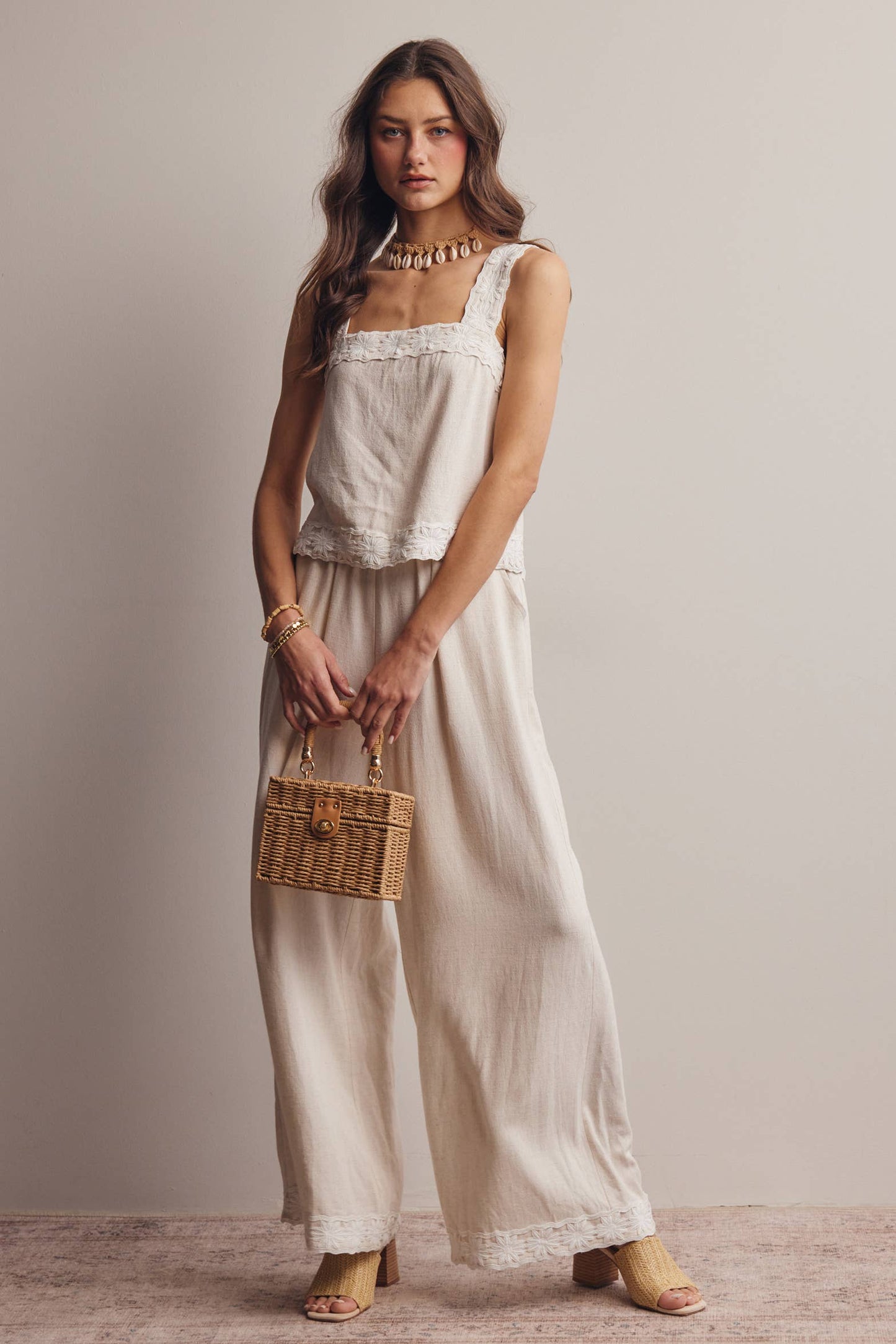 Embroidered Square-Neck Tank & Wide-Leg Pants Set FSET011