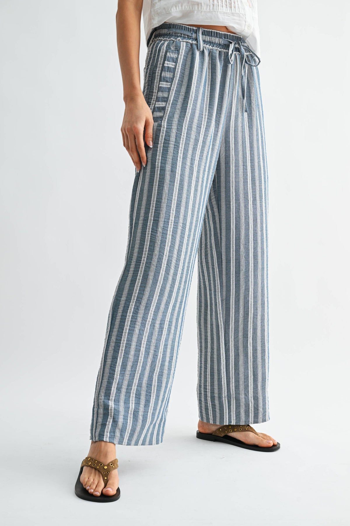 Striped Wide Leg Drawstring Pants - Camellia