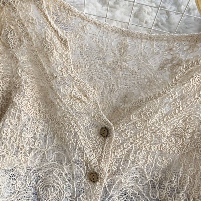 Hope & Sunshine - Crochet Cutout Long Sleeve Lace Mesh Top