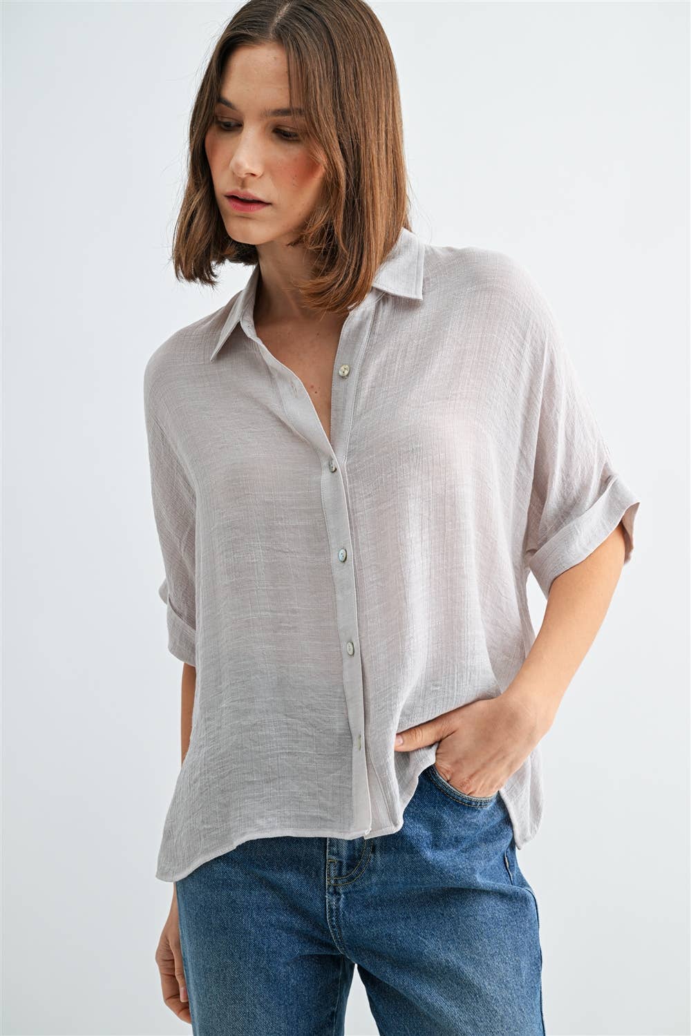 BUTTON DOWN DOLMAN SHORT SLEEVE TOP