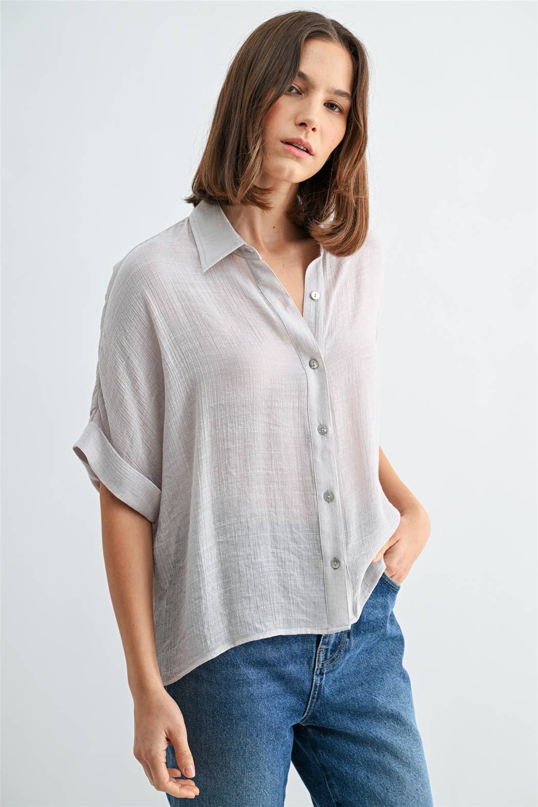 BUTTON DOWN DOLMAN SHORT SLEEVE TOP