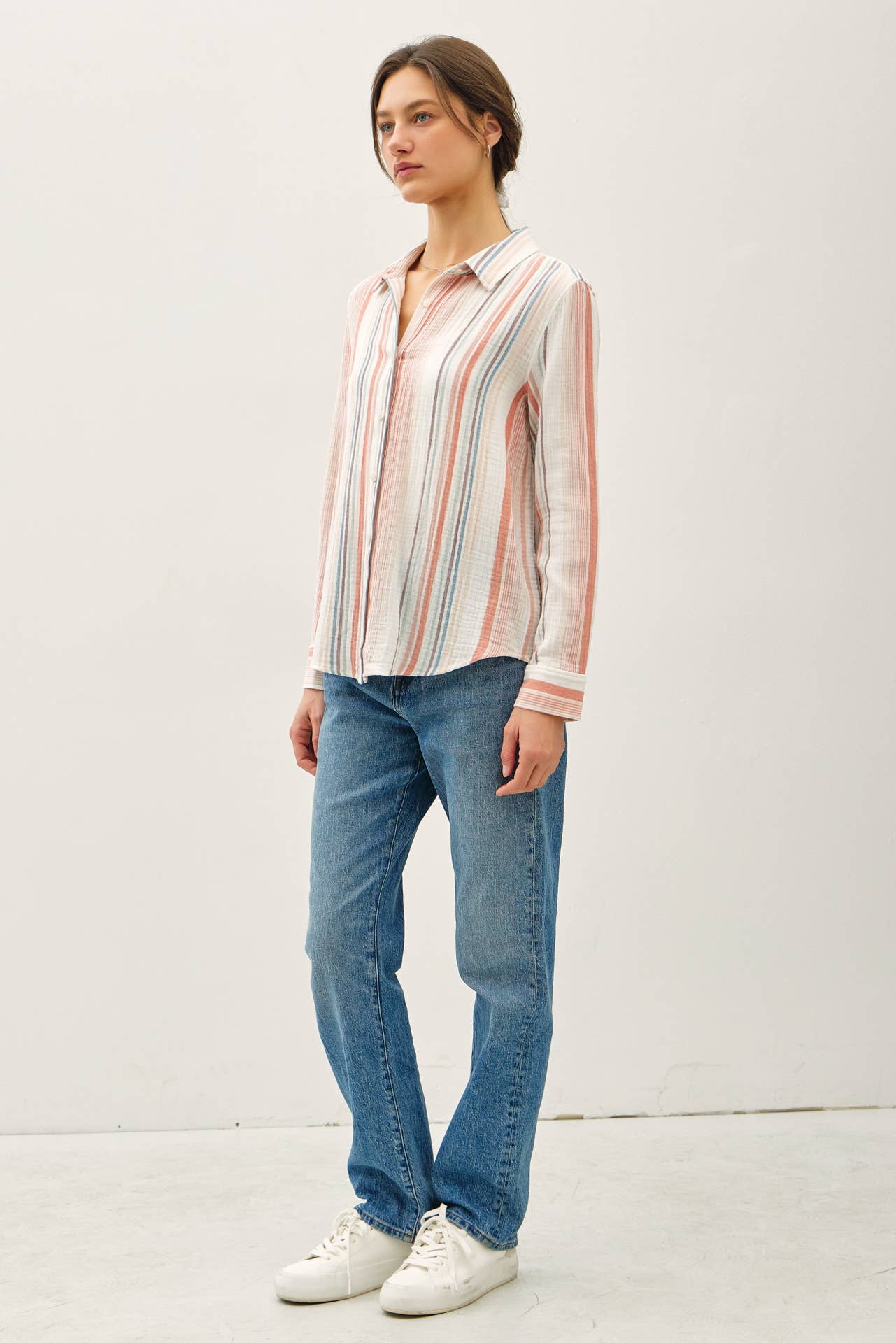 Be Cool - STRIPED GAUZY BUTTON UP TOP W/ ROLL UP SLEEVES