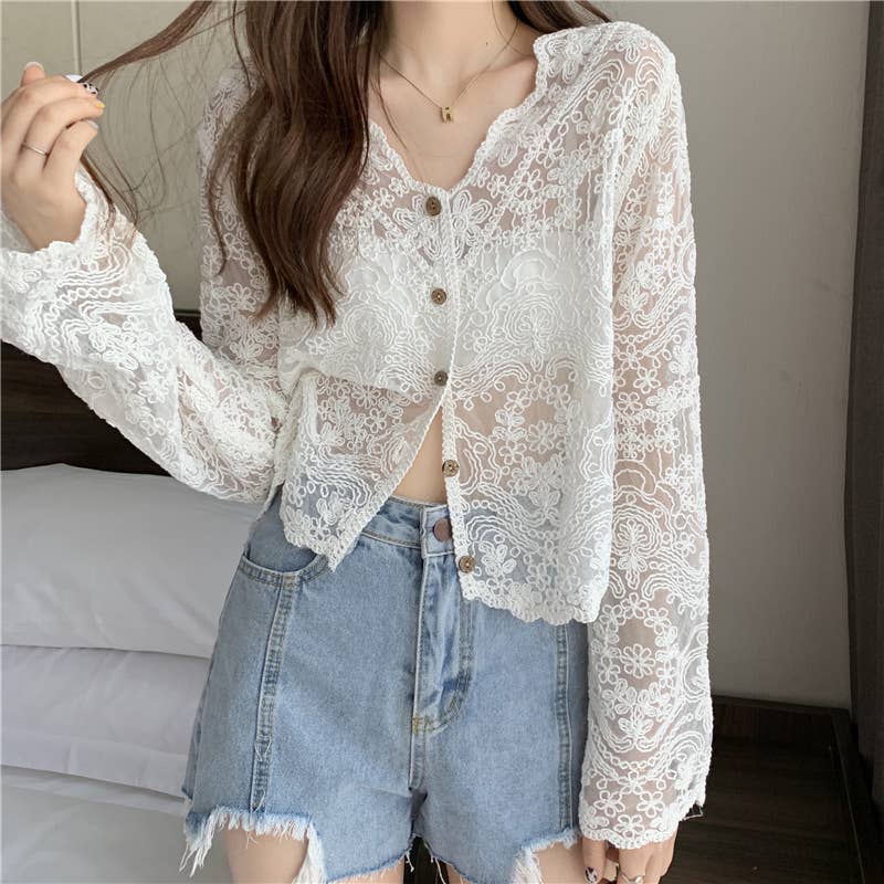 Hope & Sunshine - Crochet Cutout Long Sleeve Lace Mesh Top