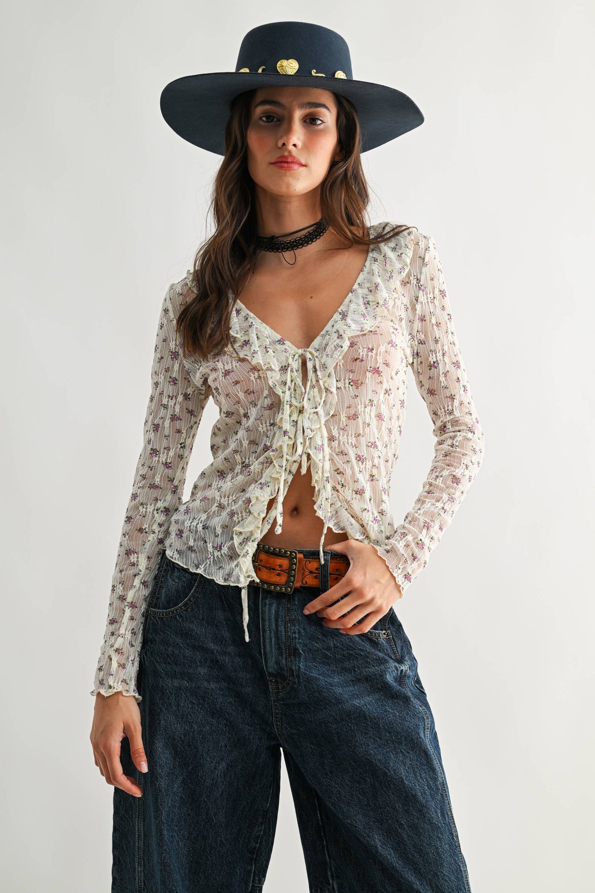 Sheer Floral Lace Long Sleeve Blouse - Camellia