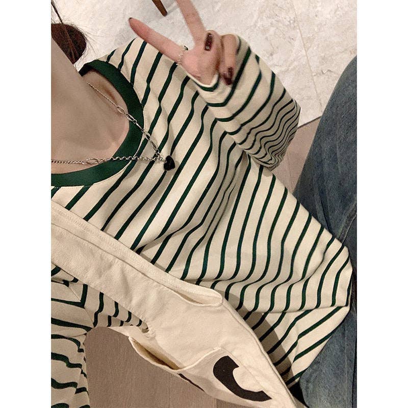 Striped Loose Fit Long Sleeve T-Shirt - Sheer Trend