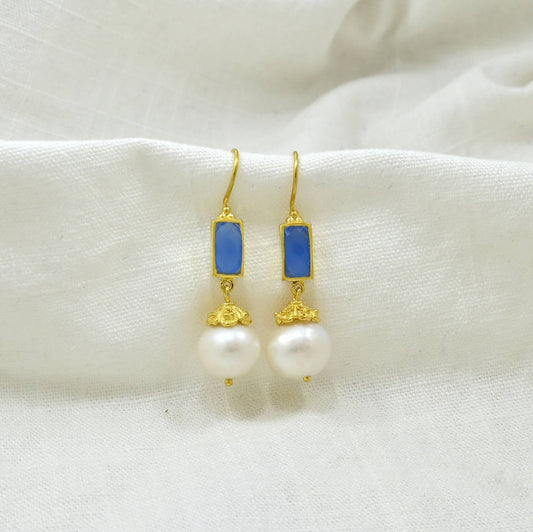 Schmuckoo Berlin - Raha Earring Gold Silver 925 - Pearl & Blue Chalcedony