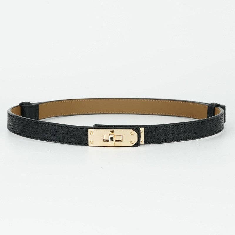 Women’s Skinny Leather Adjustable Belt with Turn-Lock Buckle for Dresses & Jeans