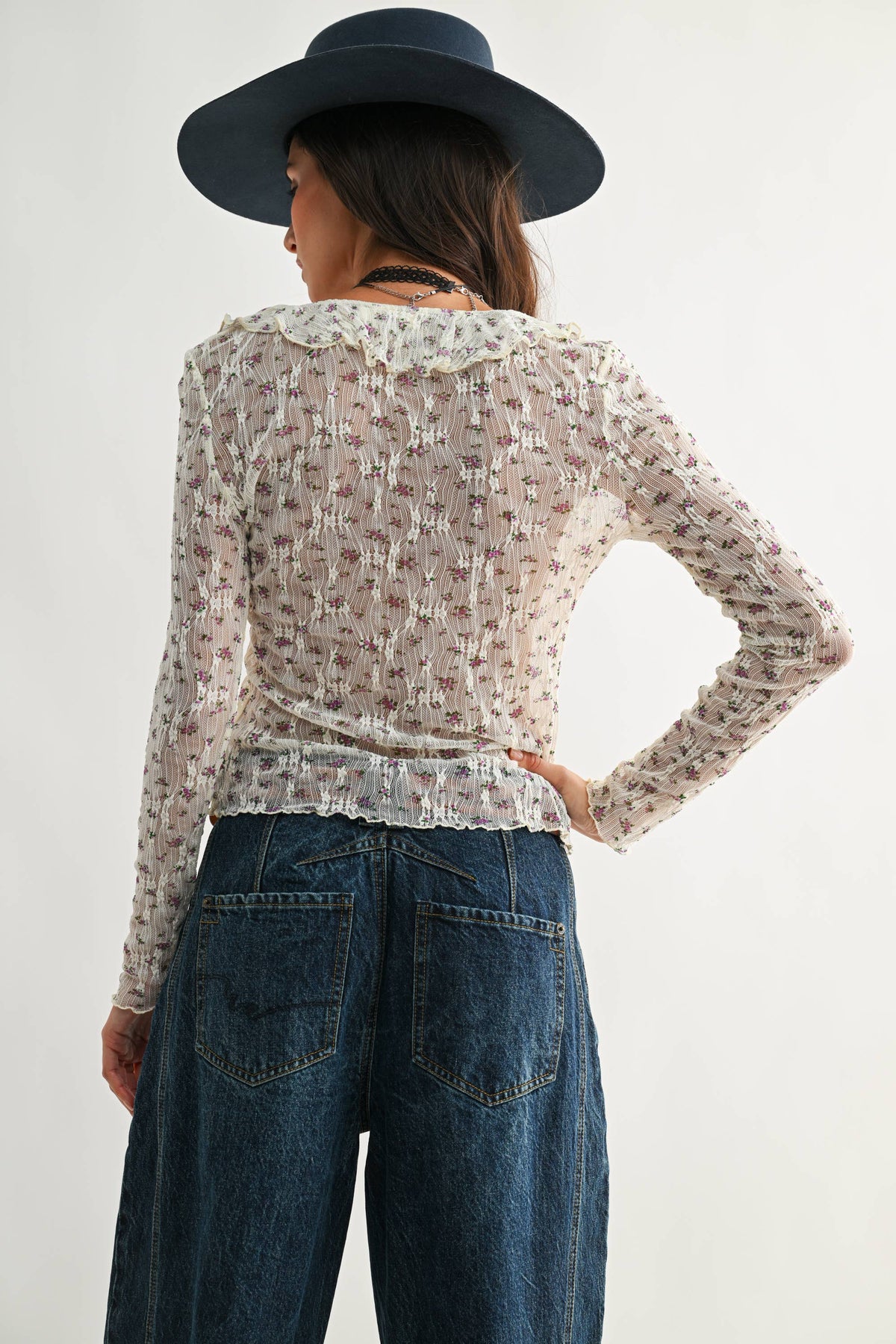 Sheer Floral Lace Long Sleeve Blouse - Camellia