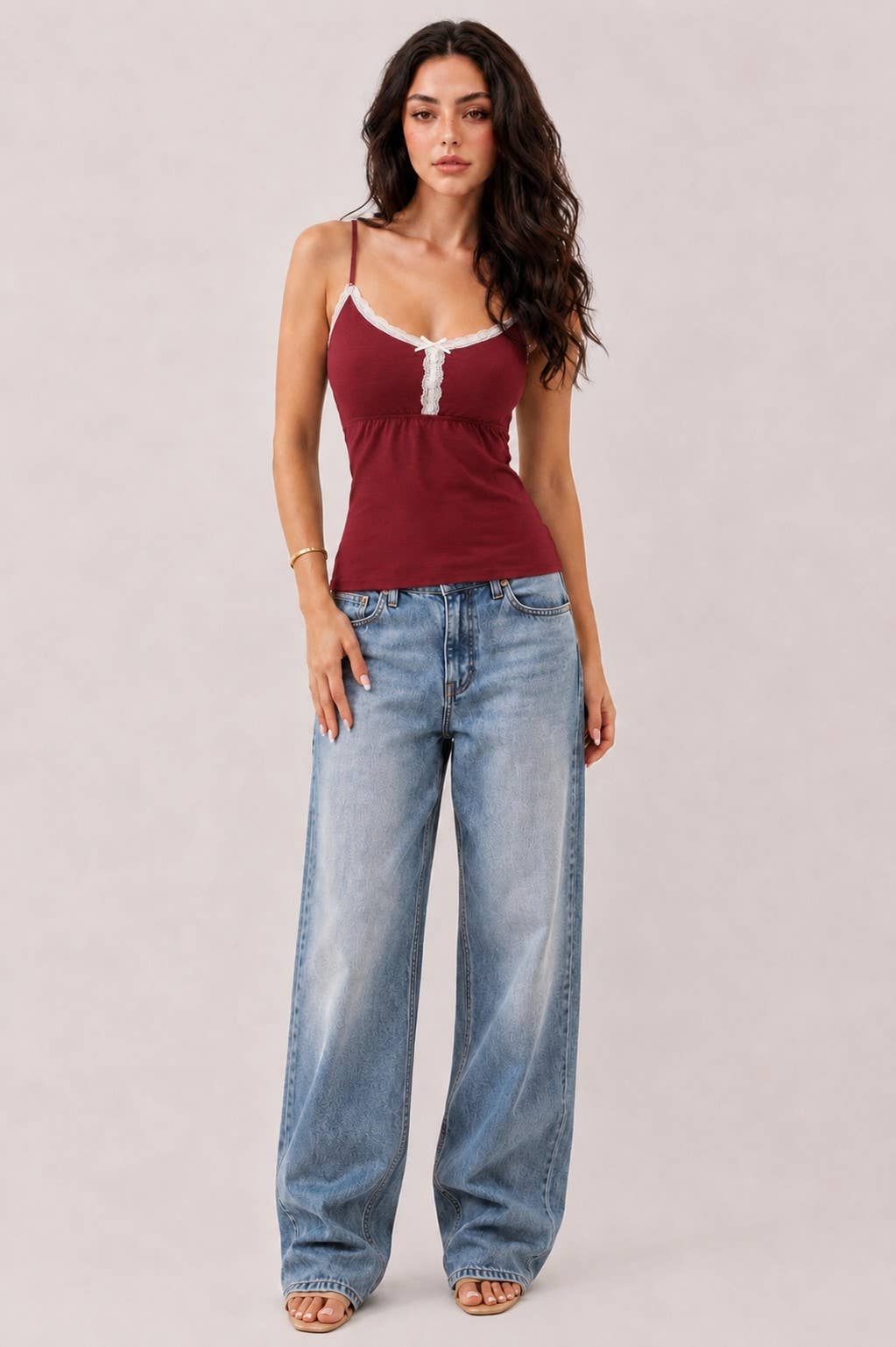 JC57013A - BABYDOLL LACE TRIMMED CAMISOLE WITH BABY BUTTONS