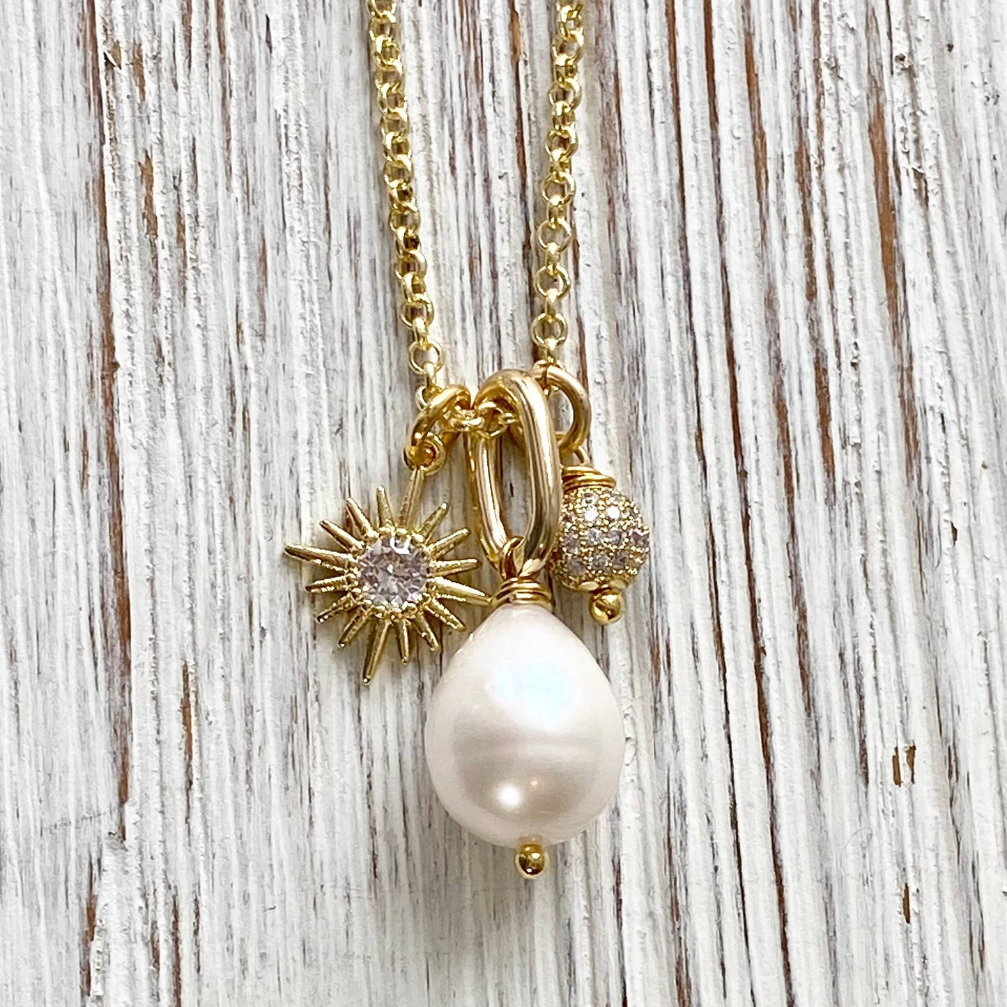 Pearl, Sun, Micro Pave Necklace