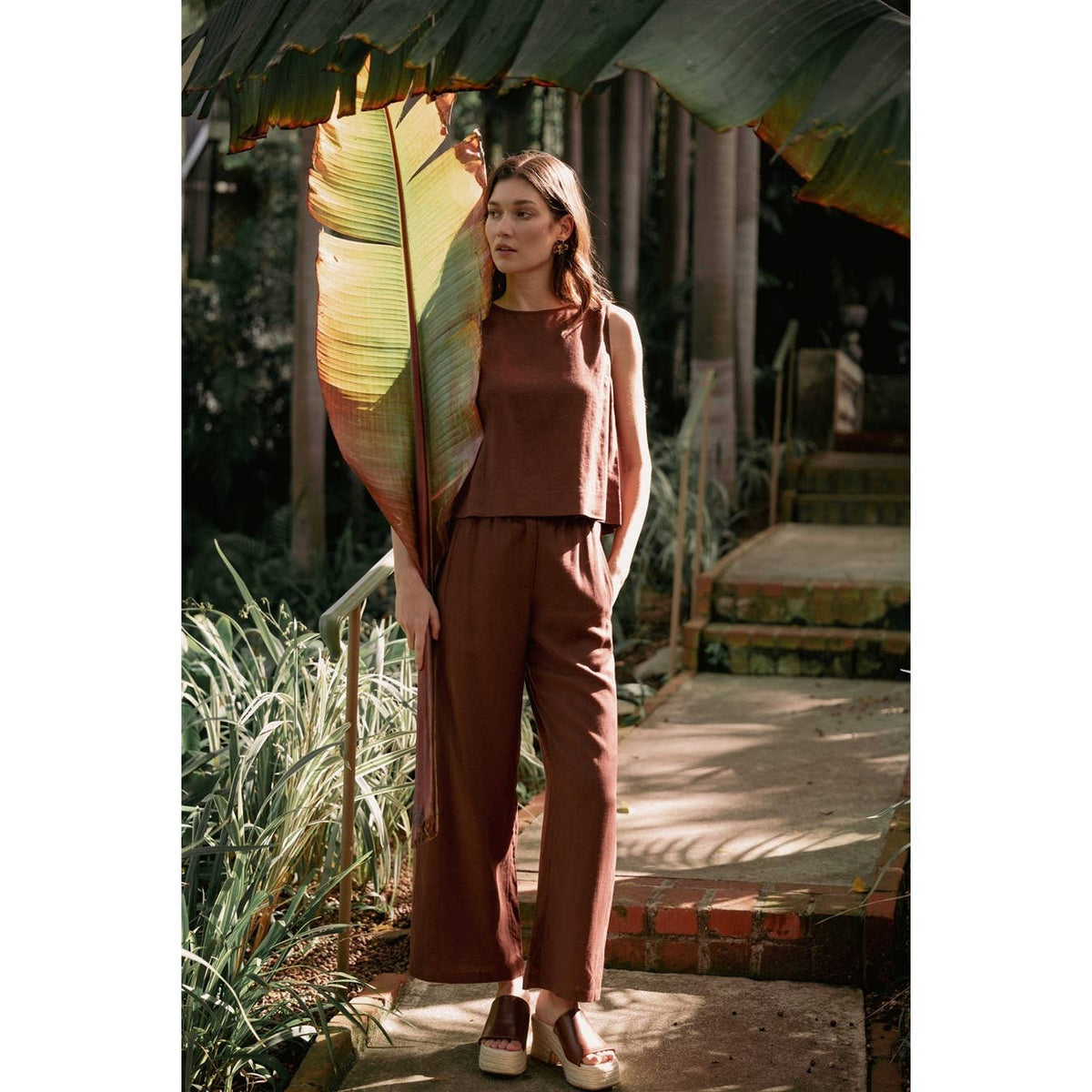 FUN2FUN - LINEN BLEND ELASTIC WAIST BUTTON FRONT PANTS