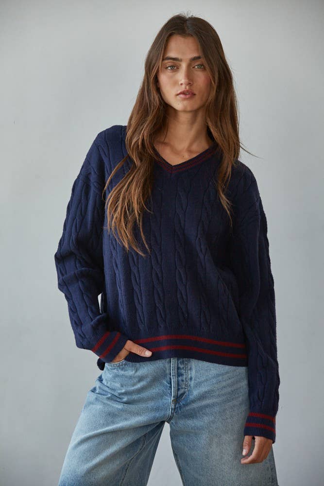 Knit Cable Sweater V-Neck Long Sleeve Pullover Top - By together