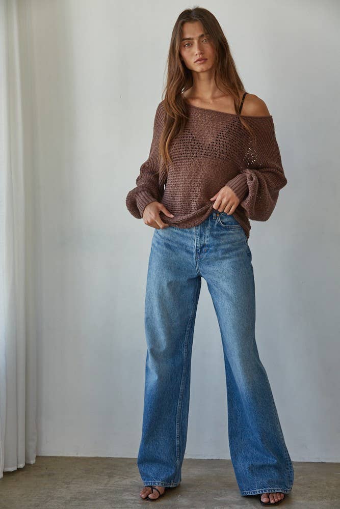 Sweater Knit Crochet Round Neck Long Sleeve Top - By Together