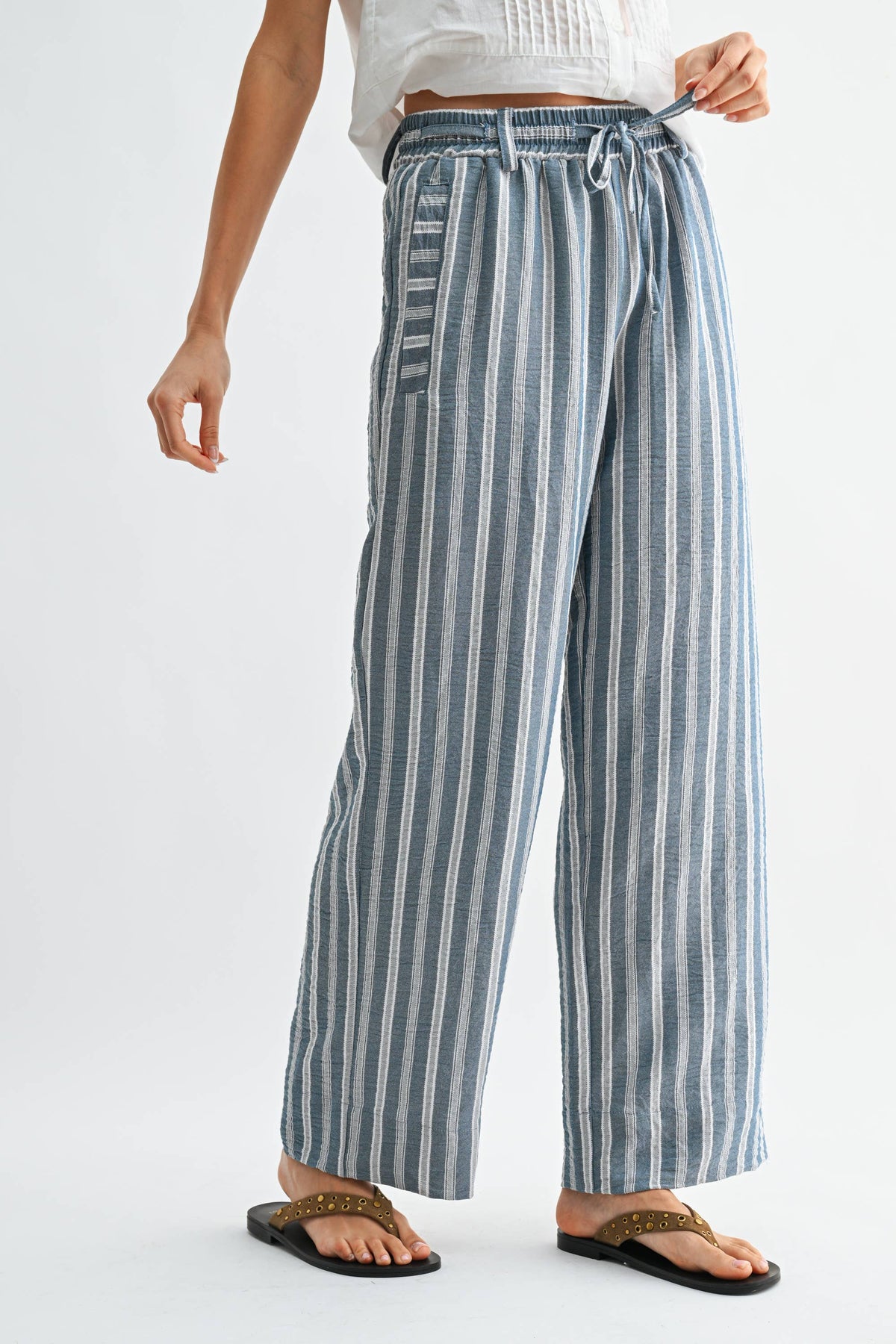 Striped Wide Leg Drawstring Pants - Camellia