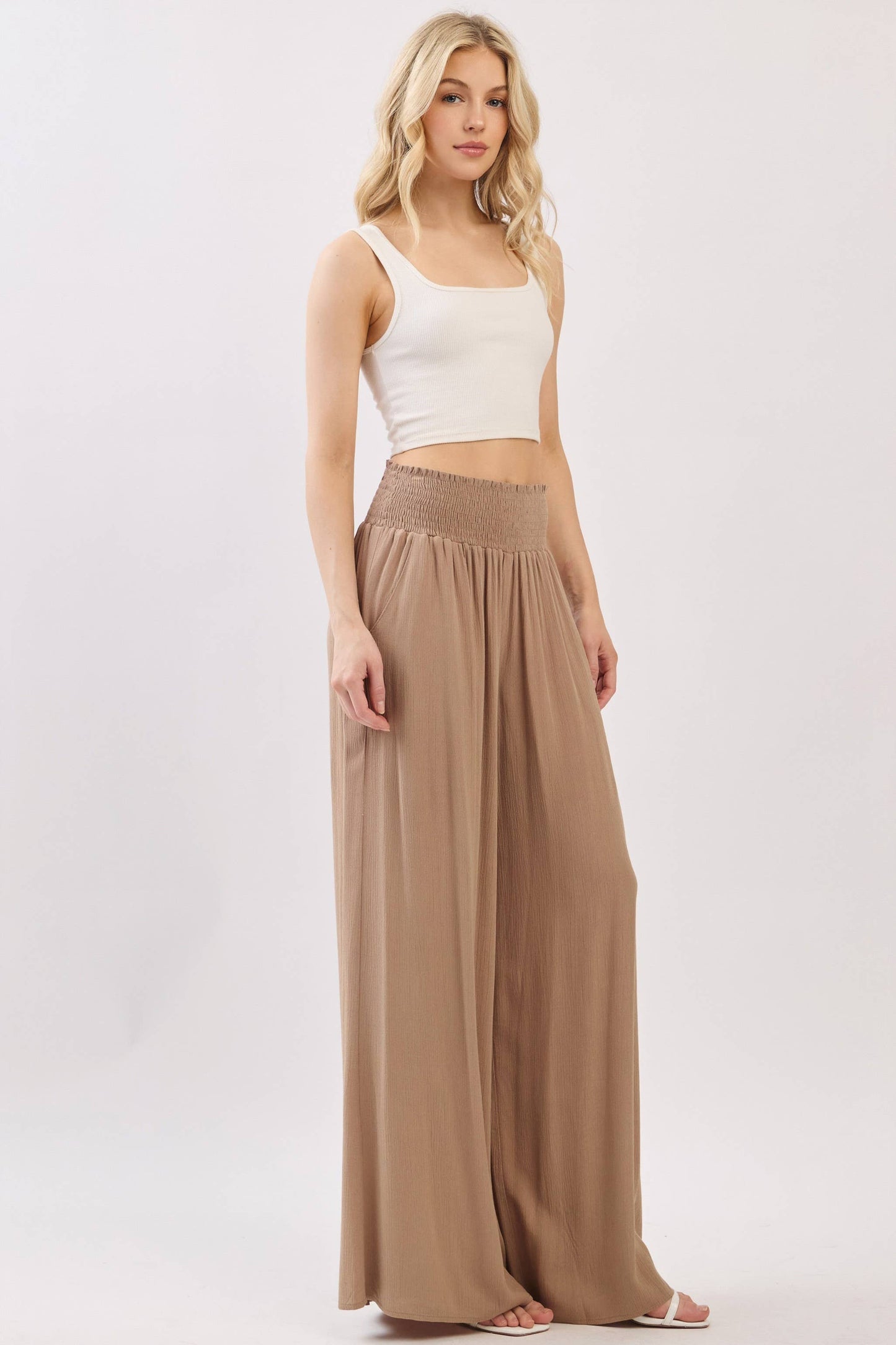 WIDE SMOCK WAIST WIDE LEG PANTS - VNP70263D