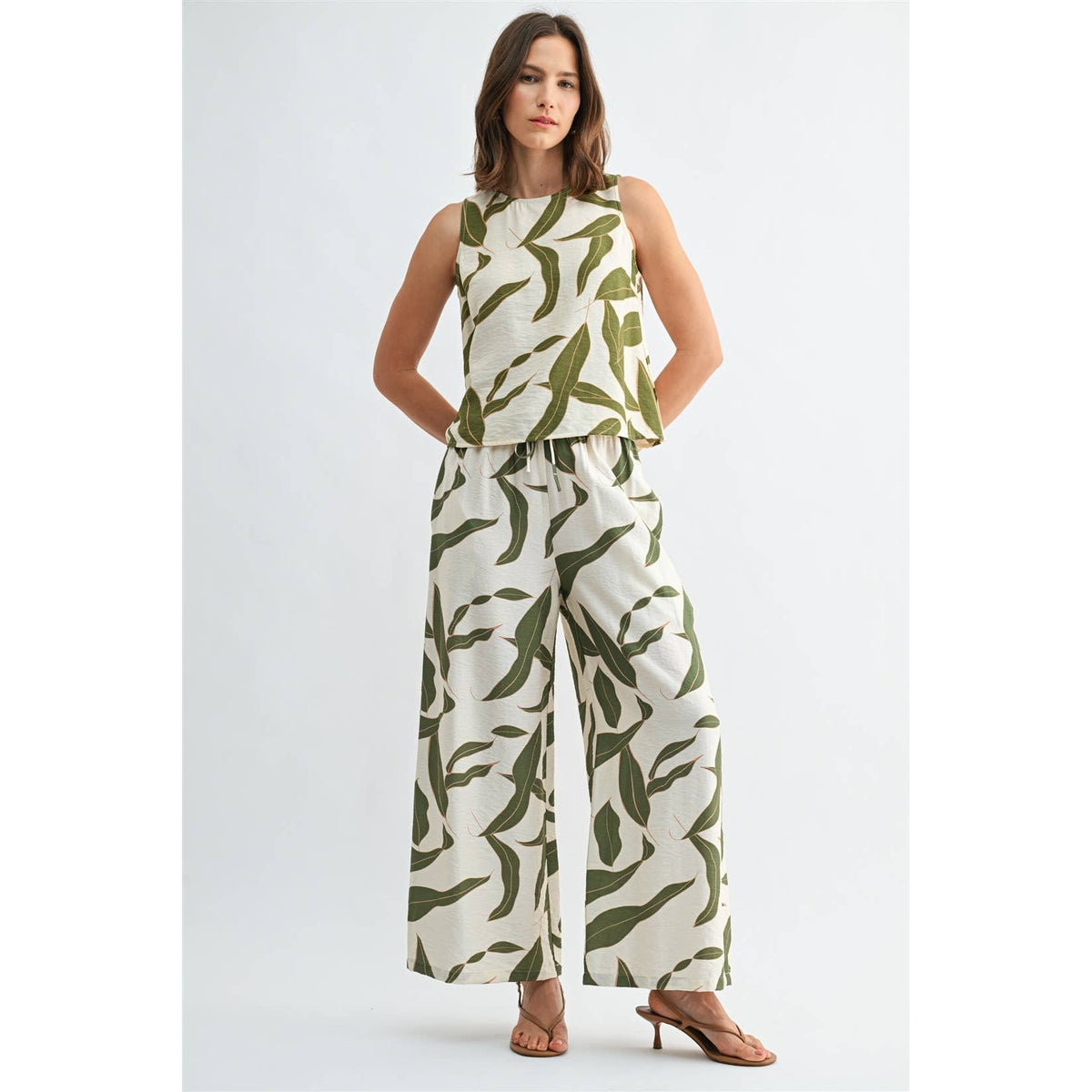 FUN2FUN - LEAF PRINT ELASTIC WAIST WIDE PANTS