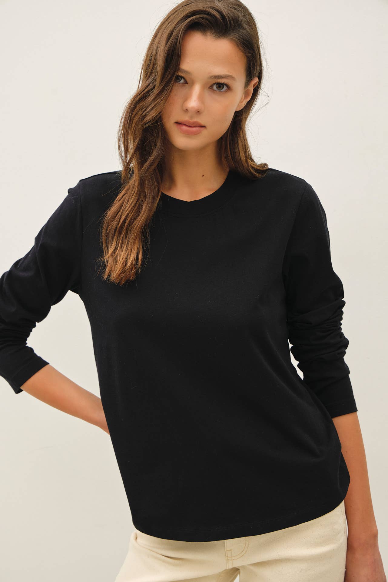 Be Cool - GARMENT WASHED COTTON LONG SLEEVE BASIC TOP