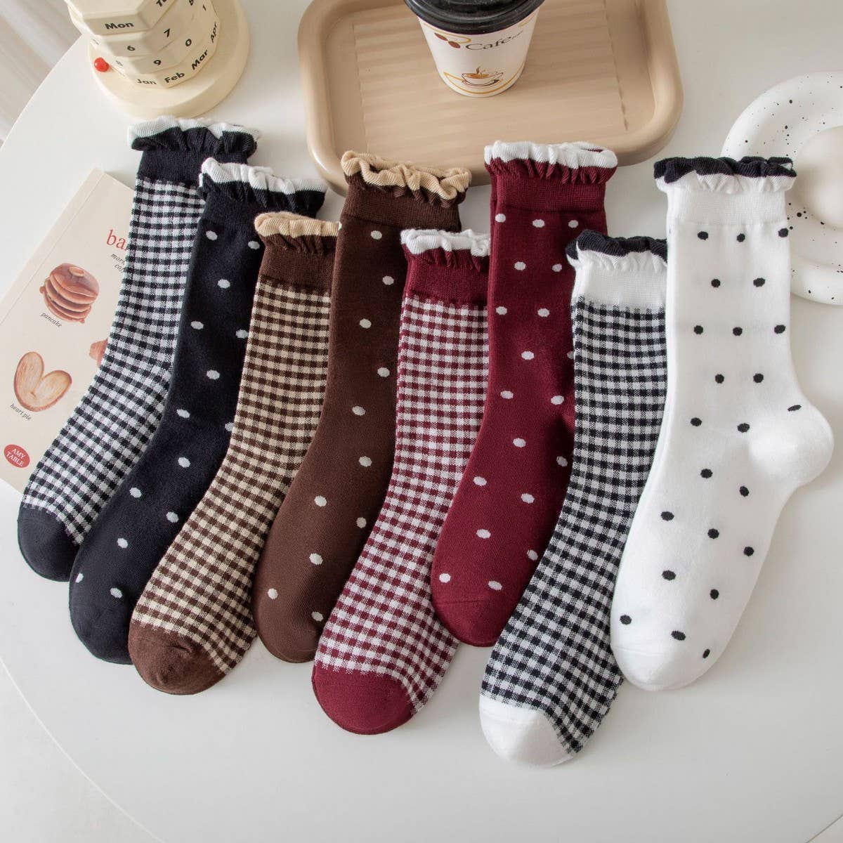 WOMEN PLAID DOT RUFFLE SLOUCH CREW SOCKS - NINEXIS