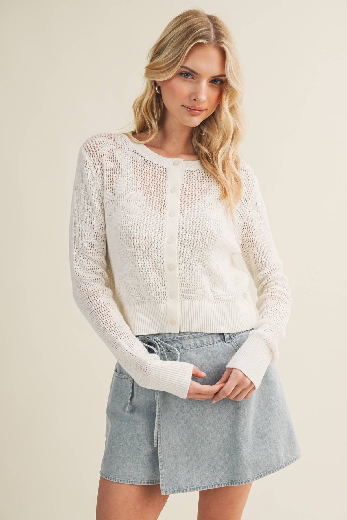 Mustard Seed - Botanical Trellis Pointelle Knit Cardigan