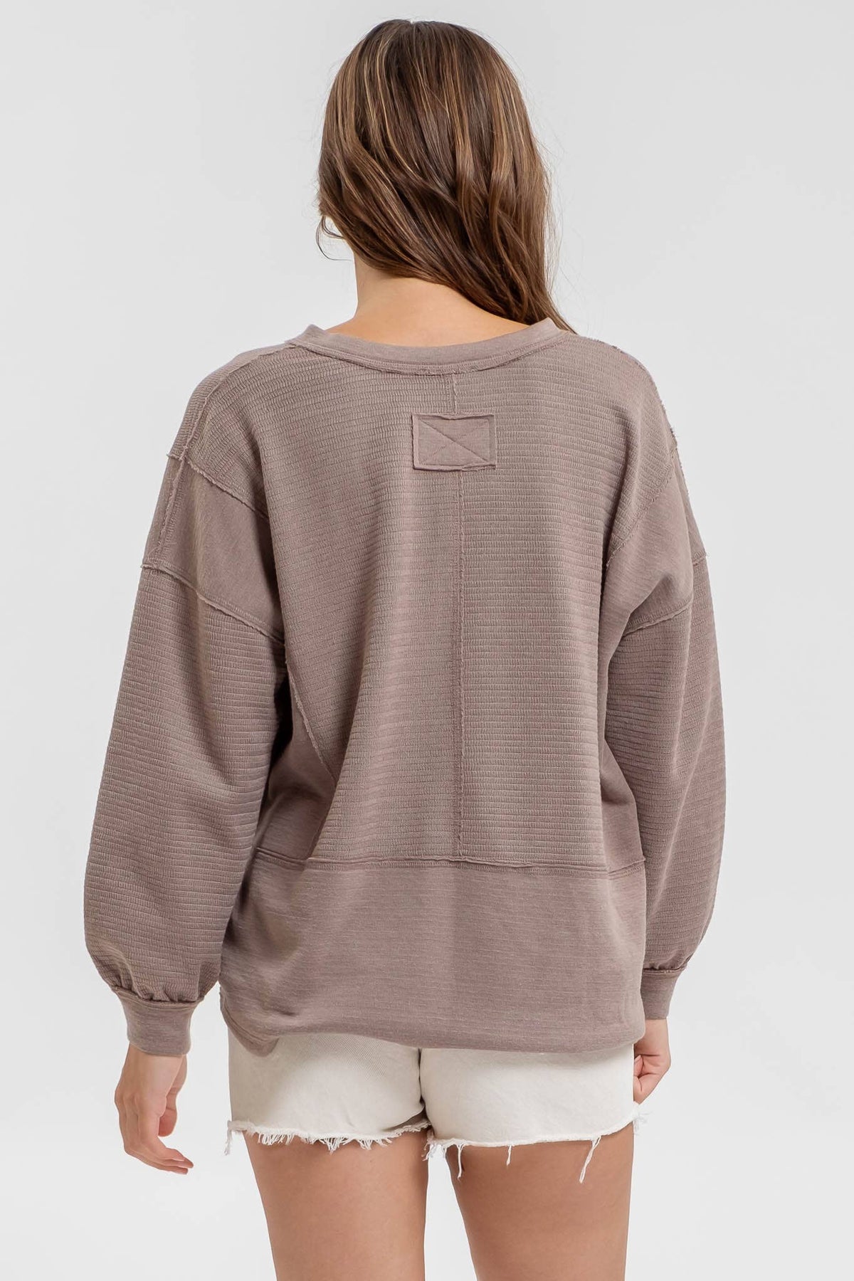 SOLID PATCHWORK SPLIT NECK KNIT TOP - Blu Pepper