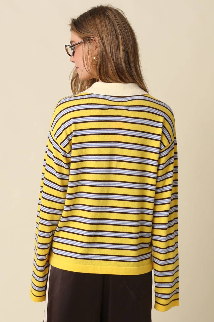 Lena Stripe Collared Knit Top - Olivaceous