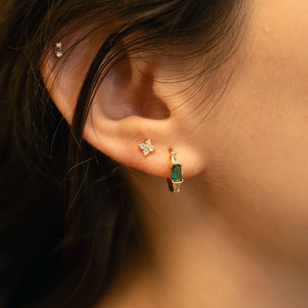 Emerald Green + Crystal Baguette Huggie Hoop Earrings - Amano Studio