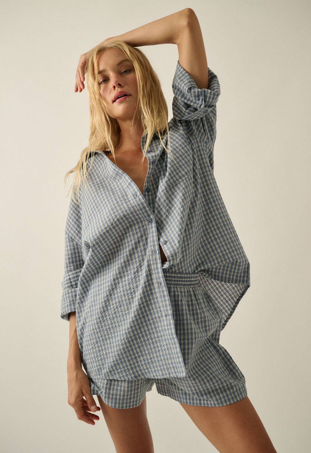 Promesa USA - Plaid Textured Seersucker Oversize Button-Up Pocket Shirt