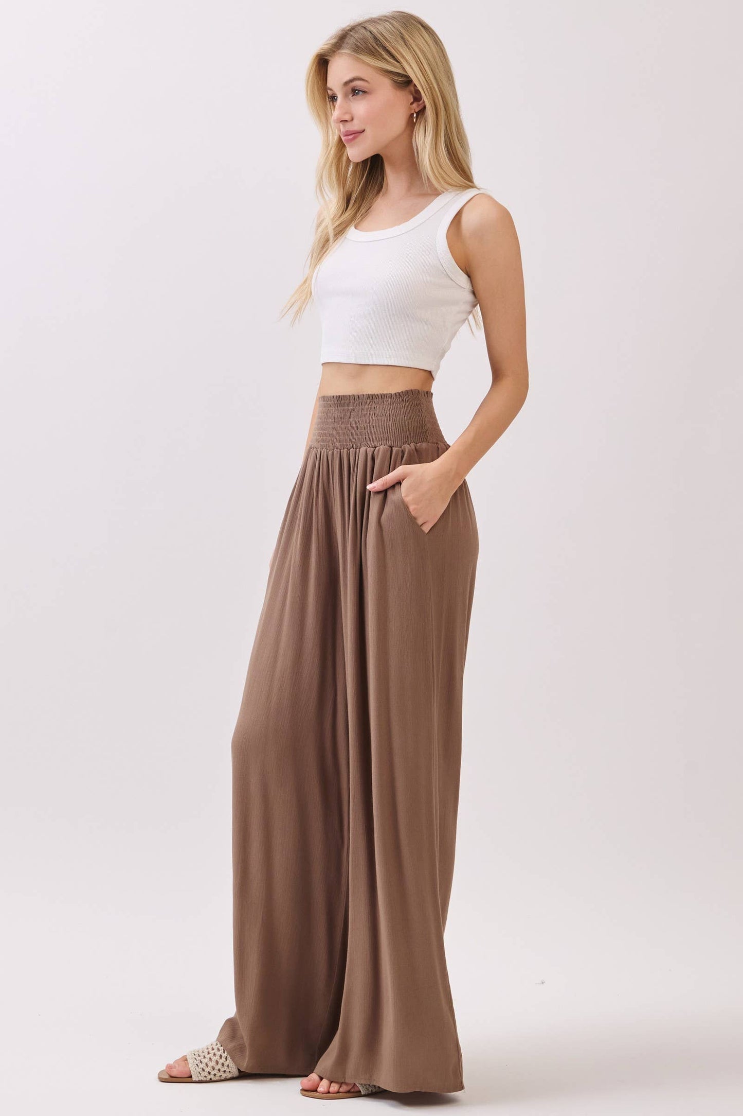 WIDE SMOCK WAIST WIDE LEG PANTS - VNP70263D