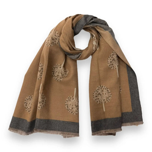 London Scarves - Tree Print With Border Cashmere Mix 2 Tone Reversible