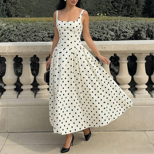 Polka Dot Fitted Spaghetti Strap Dress - Sheer Trend