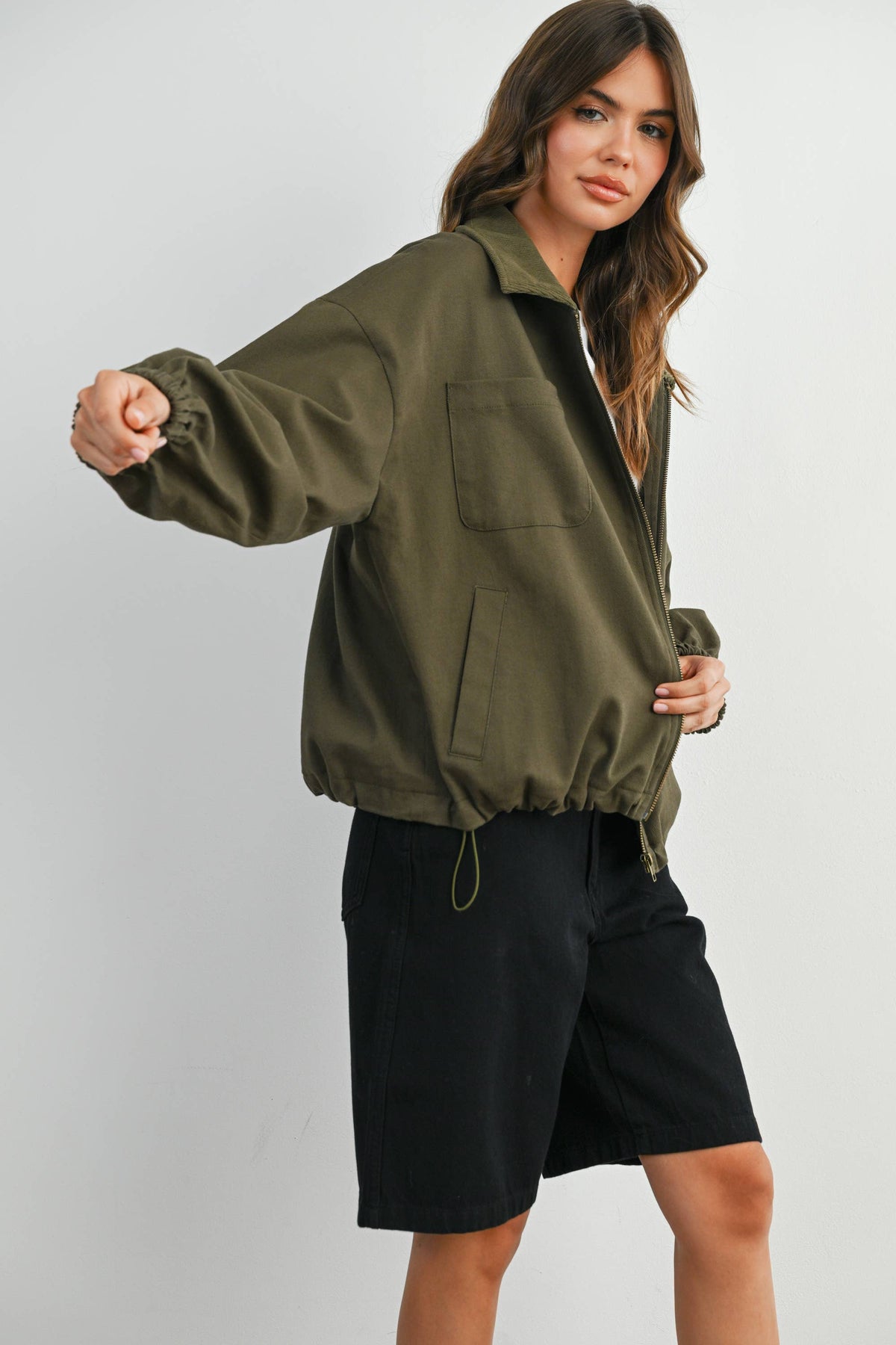BUTTERMELON - Cord Collar Zip-Front Long Sleeve Jacket - BMJ7780