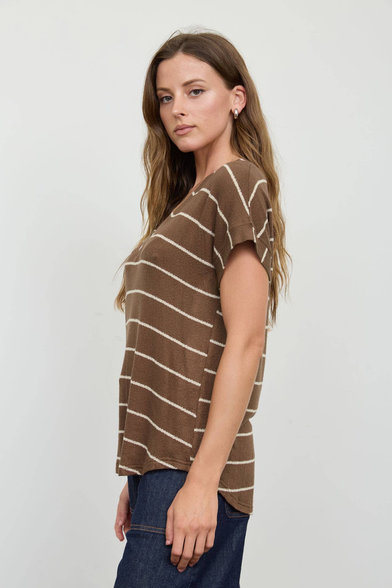 STRIPE V NECK CUFFED SLEEVE KNIT TOP - Blu Pepper