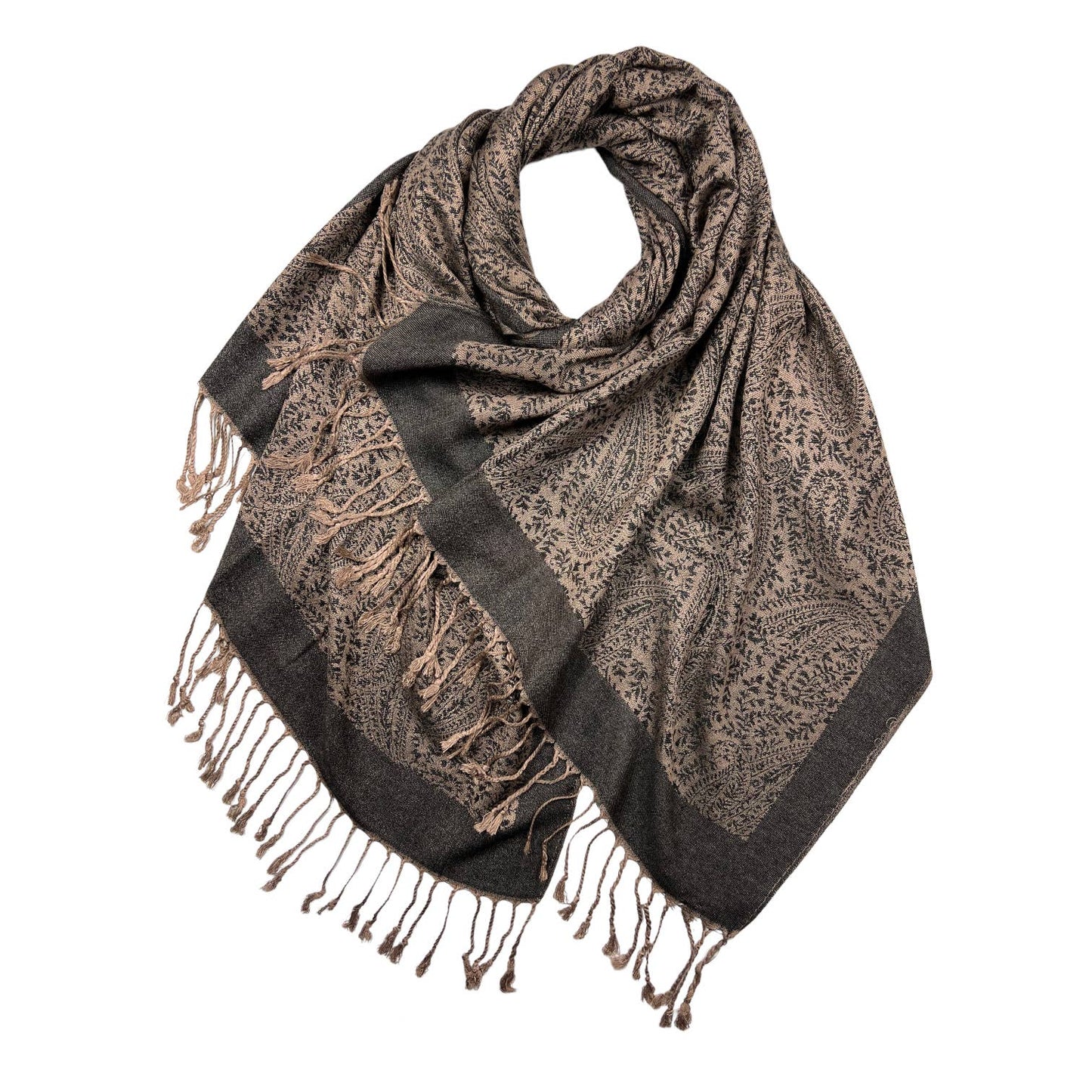 London Scarves - Plain pashmina with paisley print finished with fringes