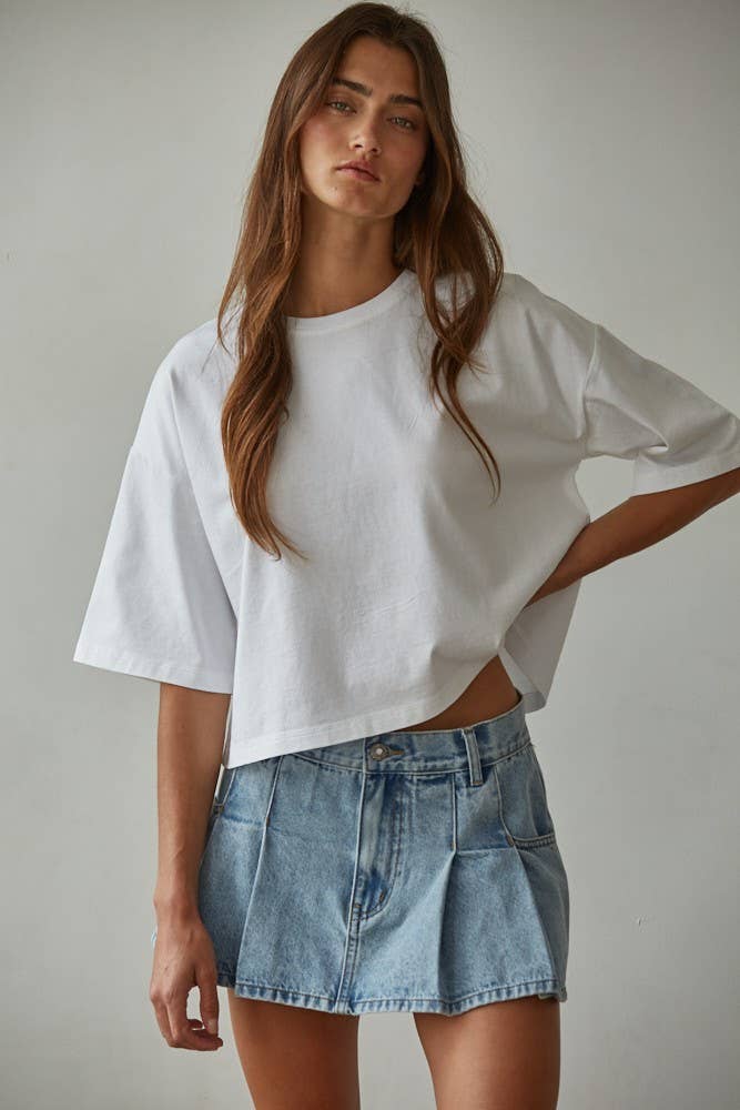 By Together - L8688 | Knit Cotton Crew Neck Drop Shoulder Short Sleeve Top