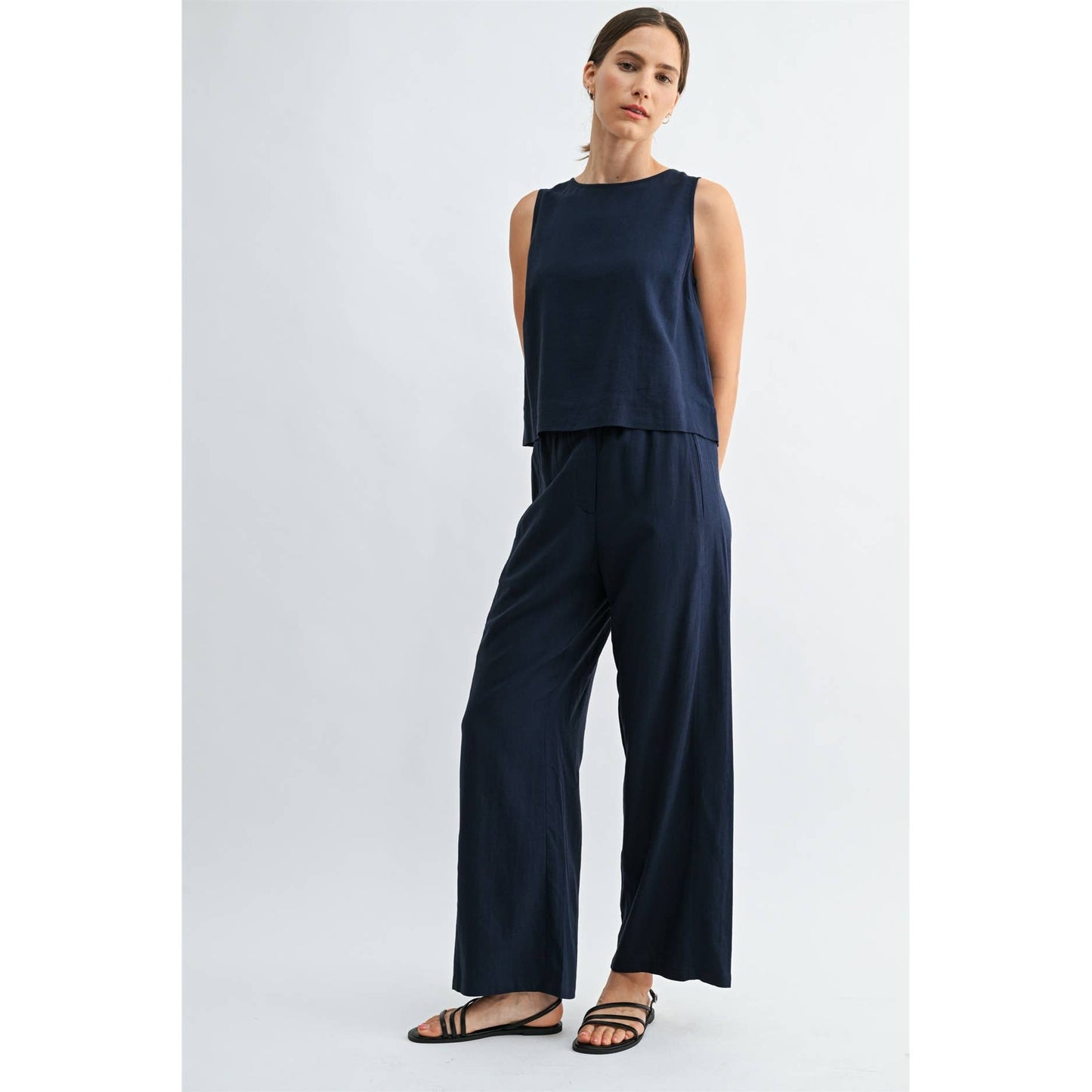 FUN2FUN - LINEN BLEND ELASTIC WAIST BUTTON FRONT PANTS