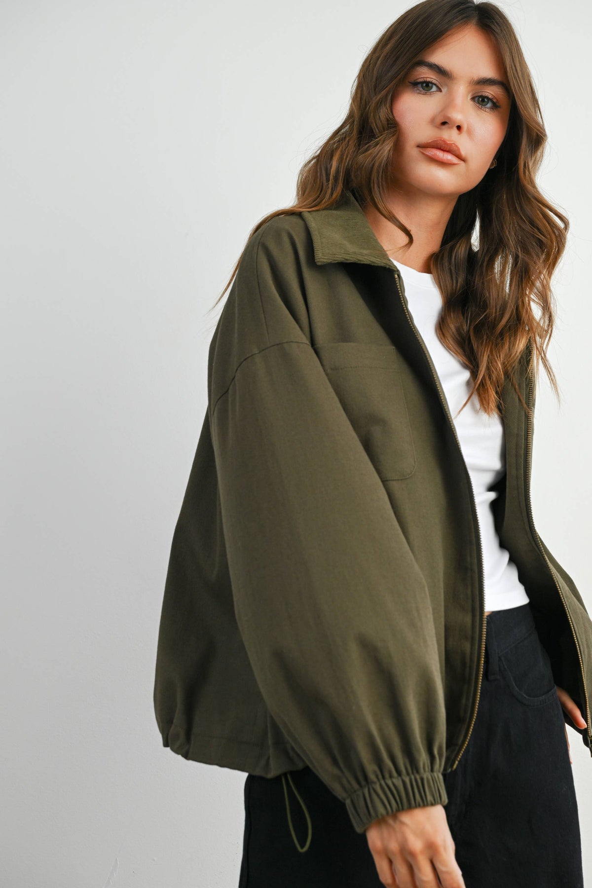 BUTTERMELON - Cord Collar Zip-Front Long Sleeve Jacket - BMJ7780