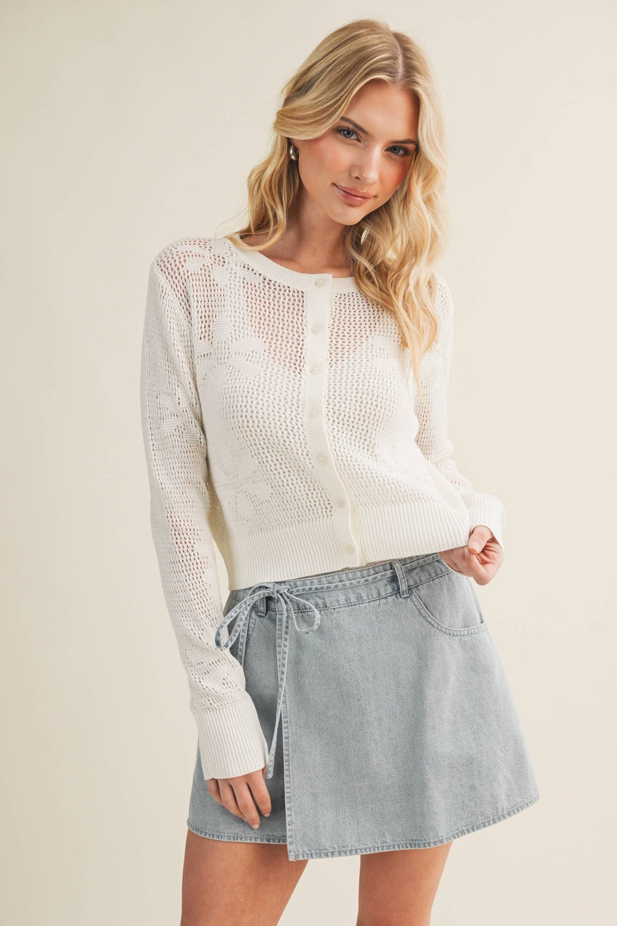 Mustard Seed - Botanical Trellis Pointelle Knit Cardigan