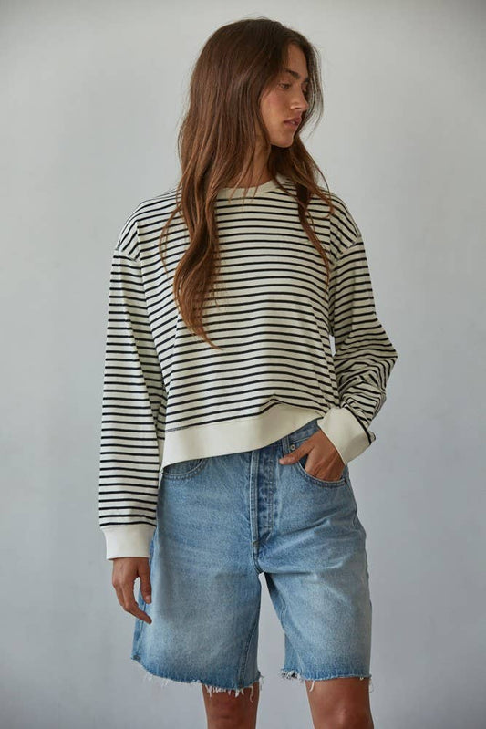 By Together - L8744 | Knit Cotton Striped Crew Neck Long Sleeve Top