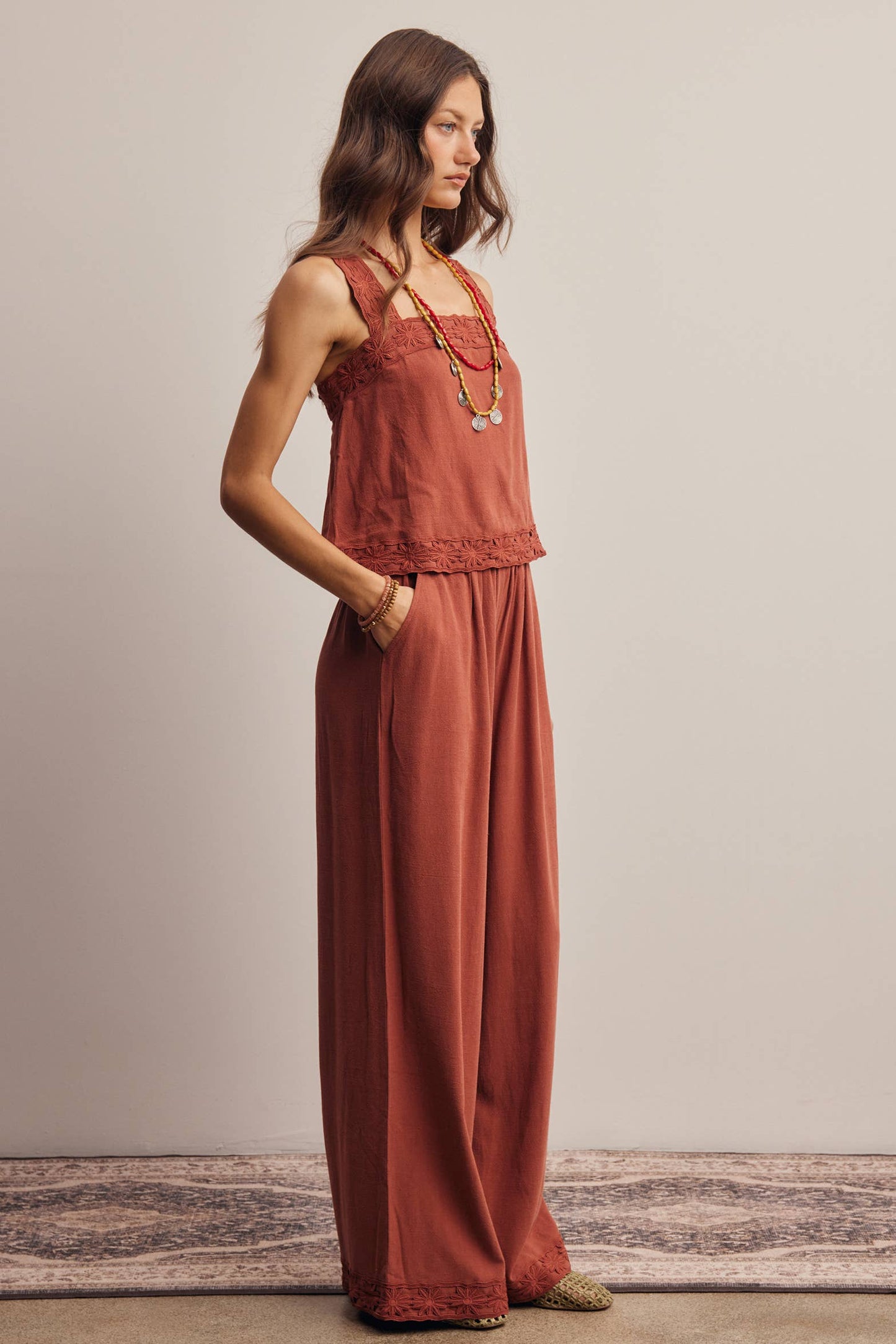 Embroidered Square-Neck Tank & Wide-Leg Pants Set FSET011