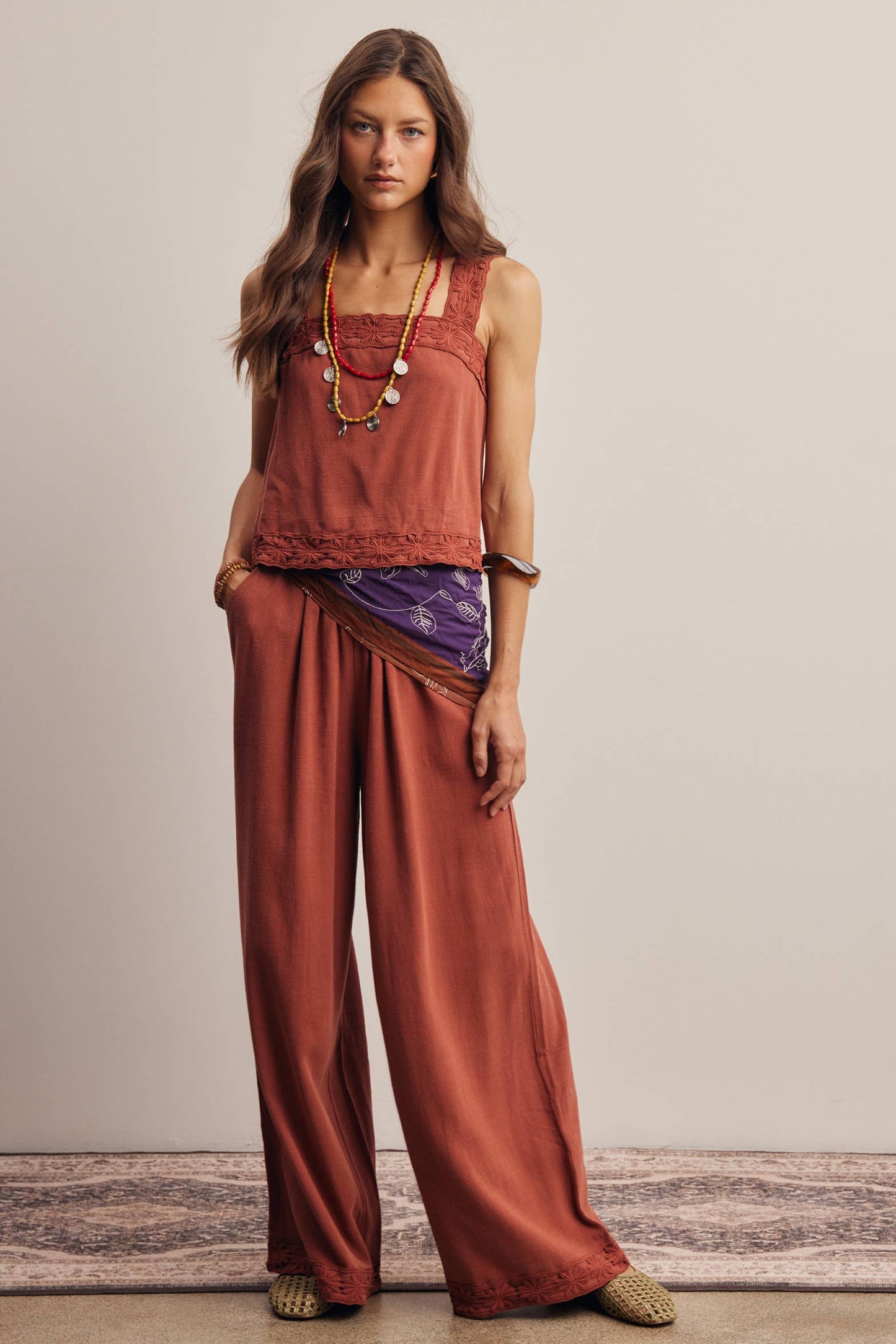 Embroidered Square-Neck Tank & Wide-Leg Pants Set FSET011